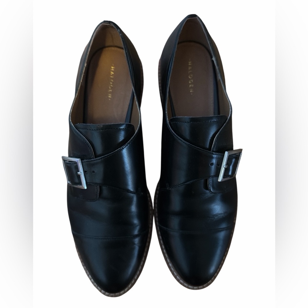 Halogen Black Leather Single Buckle Platform Loafers